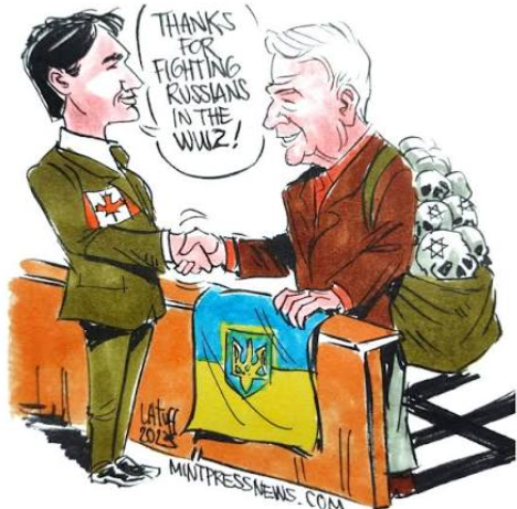 Cartoon of Justin Trudeau and Hunka by Mintpressnews