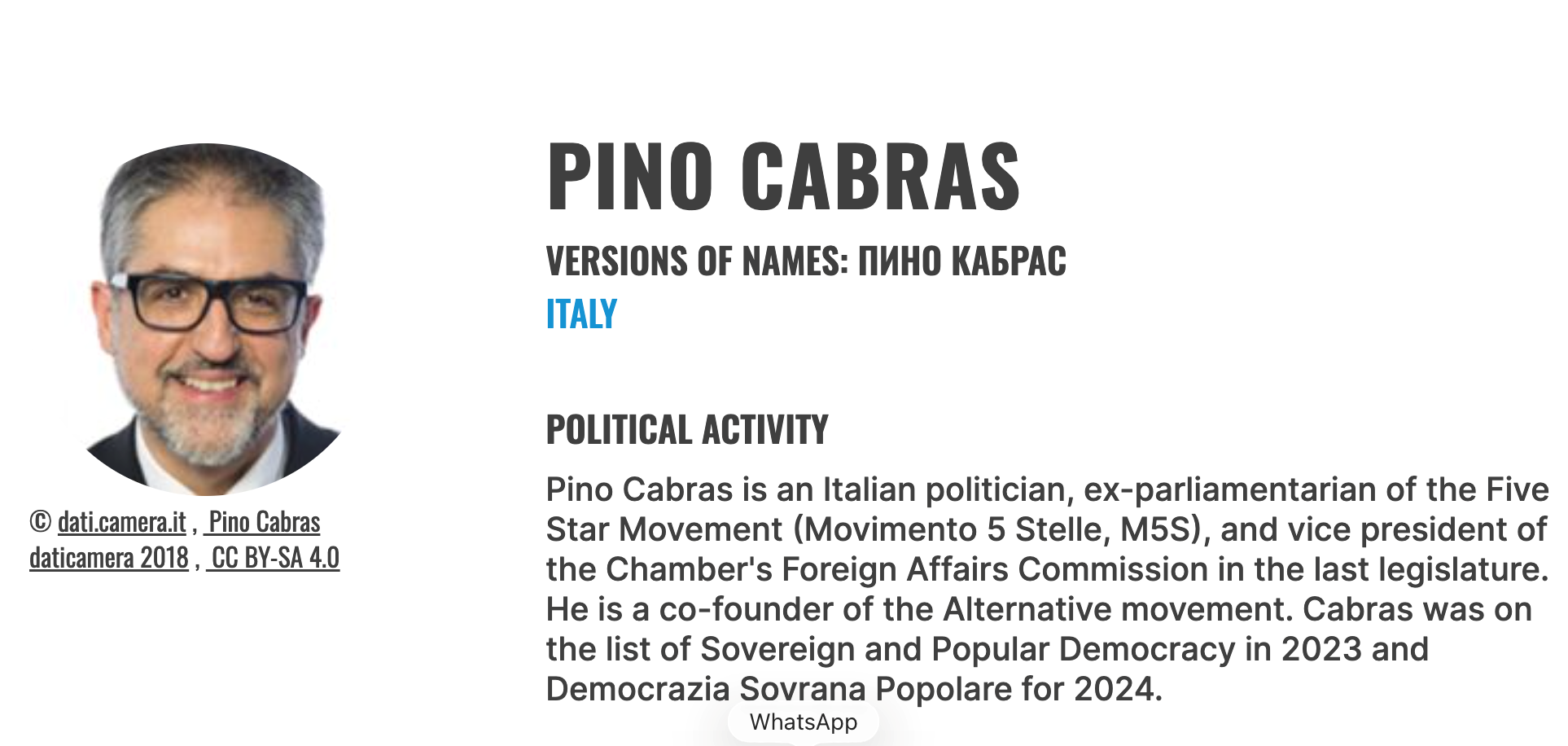 Fiche de Pino Cabras, journaliste et ancien député, dans la base de données Fake Observers de l’EPDE. Sous le portrait, la source de la photographie est indiquée : la Chambre des députés.