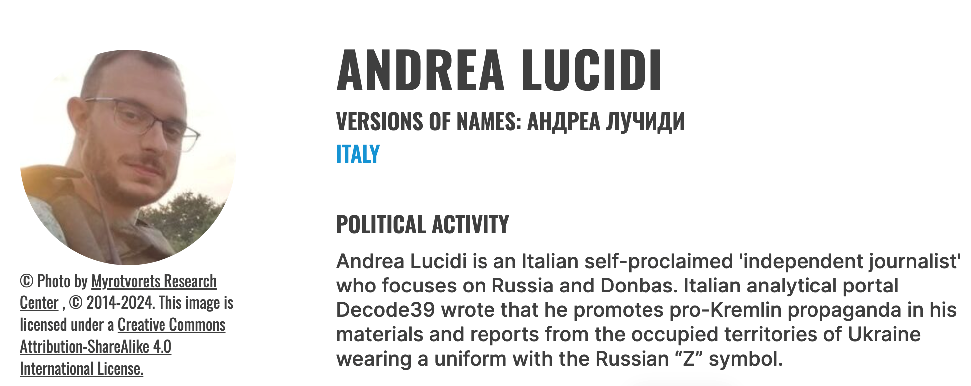 La ficha del periodista Andrea Lucidi en la base de datos Fake Observers de EPDE. Debajo del retrato, la foto está directamente atribuida a "Myrotvorets Research Center"con una licencia Creative Commons.